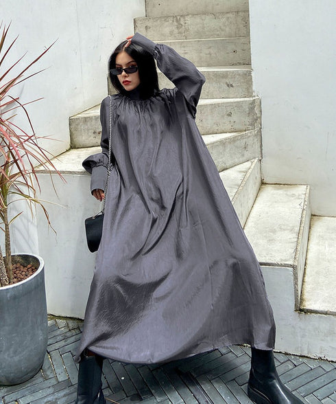 Glossy Gathered High Neck Dress